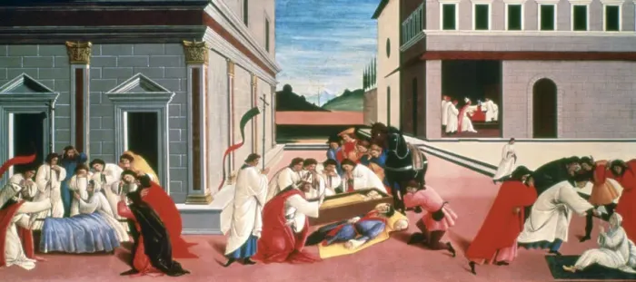 Framed Print : Three Miracles of St Zenobius, 1500-1505. Artist: Sandro Botticelli Framed Print : Three Miracles of St Zenobius, 1500-1505. Artist: Sandro Botticelli