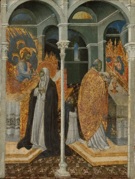 Framed Print : The Miraculous Communion of Saint Catherine of Siena. Creator: Giovanni di Paolo Framed Print : The Miraculous Communion of Saint Catherine of Siena. Creator: Giovanni di Paolo