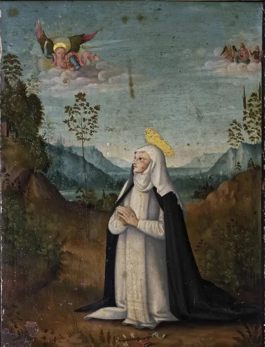 Framed Print : The Miraculous Communion of Saint Catherine of Siena, Second Half of the 15th cen.. Creator: Fungai; Bernardino (1460-1516) Framed Print : The Miraculous Communion of Saint Catherine of Siena, Second Half of the 15th cen.. Creator: Fungai; Bernardino (1460-1516)