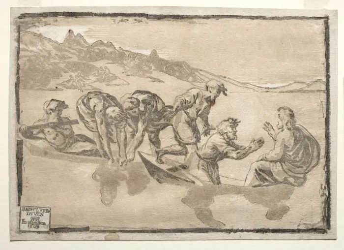 Framed Print : The Miraculous Draught of Fishes. Creator: Ugo da Carpi (Italian, c. 1479-c. 1532) Framed Print : The Miraculous Draught of Fishes. Creator: Ugo da Carpi (Italian, c. 1479-c. 1532)