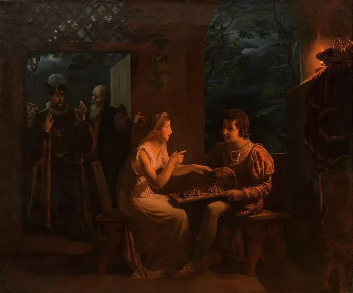 Framed Print : Miranda fait une partie d'échec avec Ferdinand qu'elle accuse, en plaisantant, de tricher, 1822. Creator: Gillot Saint-Evre Framed Print : Miranda fait une partie d'échec avec Ferdinand qu'elle accuse, en plaisantant, de tricher, 1822. Creator: Gillot Saint-Evre