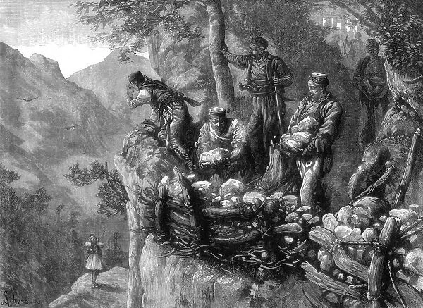 Miridites and Albanians building stone batteries for mountain defences, Albania, 1880. Artist: Chomberg