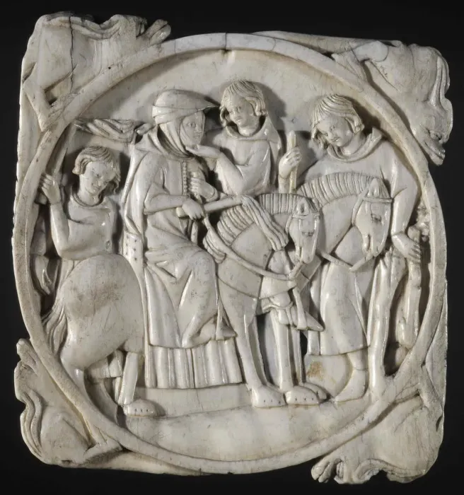 Framed Print : Mirror case: Riding couple, c. 1300. Creator: West European Applied Art Framed Print : Mirror case: Riding couple, c. 1300. Creator: West European Applied Art