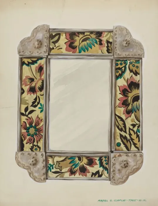 Framed Print : Mirror, Framed with Wall Paper Panels, Bordered in Tin, c. 1938. Creator: Majel G Framed Print : Mirror, Framed with Wall Paper Panels, Bordered in Tin, c. 1938. Creator: Majel G