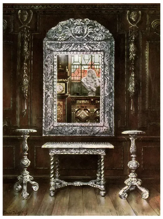 Framed Print : Mirror, gueridons, and table overlaid with silver plaques, 1910. Artist: Edwin Foley Framed Print : Mirror, gueridons, and table overlaid with silver plaques, 1910. Artist: Edwin Foley