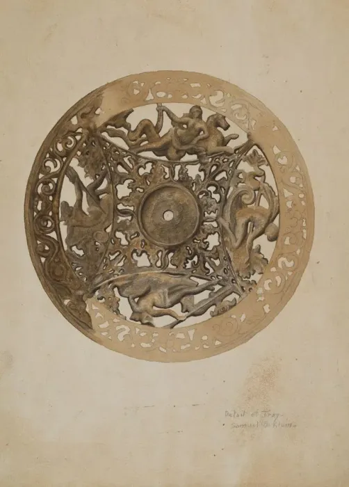 Framed Print : Mirror Stand: Detail of Saucer, c. 1938. Creator: Samuel O. Klein Framed Print : Mirror Stand: Detail of Saucer, c. 1938. Creator: Samuel O. Klein