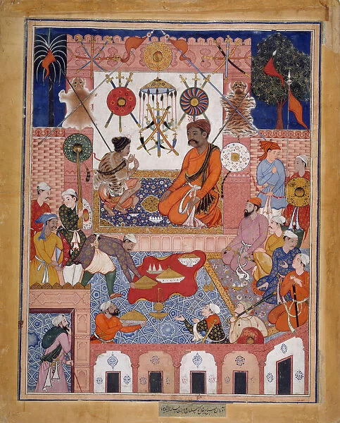 Misbah the Grocer Brings the Spy Parran to his House, Folio from a Hamzanama... ca. 1570
