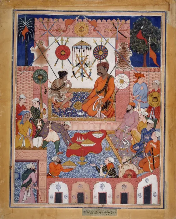 Framed Print : Misbah the Grocer Brings the Spy Parran to his House, Folio from a Hamzanama... ca. 1570 Framed Print : Misbah the Grocer Brings the Spy Parran to his House, Folio from a Hamzanama... ca. 1570