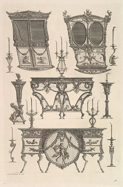 Miscellaneous furniture including two sedan chairs, a side table and a commode (Deux c