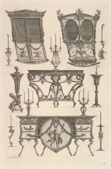 Framed Print : Miscellaneous furniture including two sedan chairs, a side table and a commode (Deux c Framed Print : Miscellaneous furniture including two sedan chairs, a side table and a commode (Deux c