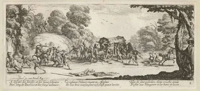 Framed Print : The Miseries and Misfortunes of War, folio 8: Attack on a Coach, 1633 Framed Print : The Miseries and Misfortunes of War, folio 8: Attack on a Coach, 1633