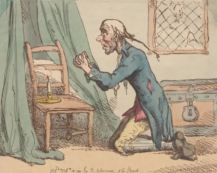 Framed Print : The Misers Prayer, Feb 10, 1801. Feb 10, 1801. Creator: Thomas Rowlandson Framed Print : The Misers Prayer, Feb 10, 1801. Feb 10, 1801. Creator: Thomas Rowlandson