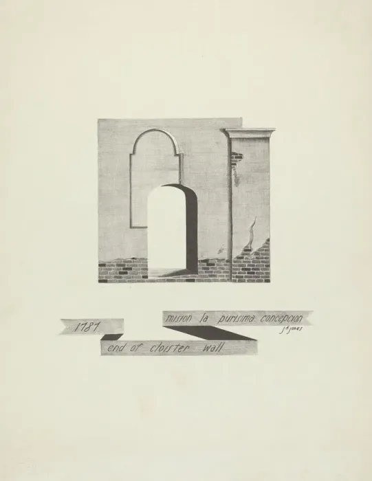 Framed Print : Mision La Purisima Concepcion - End of Cloister Wall, 1935 / 1942. Creator: James Jones Framed Print : Mision La Purisima Concepcion - End of Cloister Wall, 1935 / 1942. Creator: James Jones