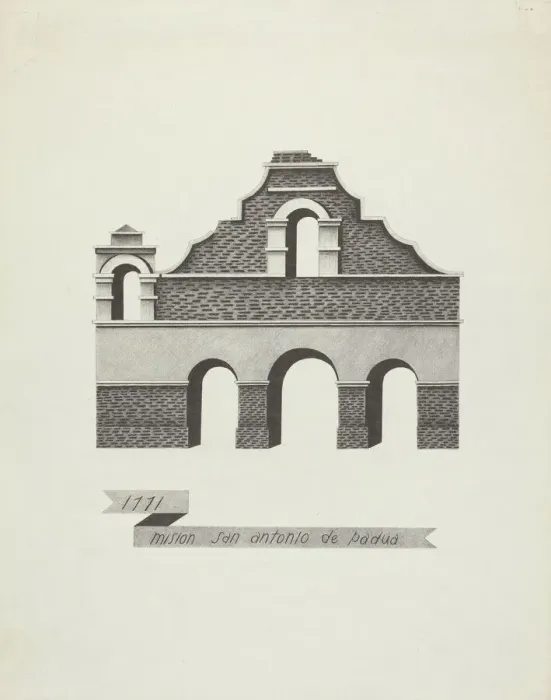 Framed Print : Mision San Antonio de Padua, 1935 / 1942. Creator: James Jones Framed Print : Mision San Antonio de Padua, 1935 / 1942. Creator: James Jones