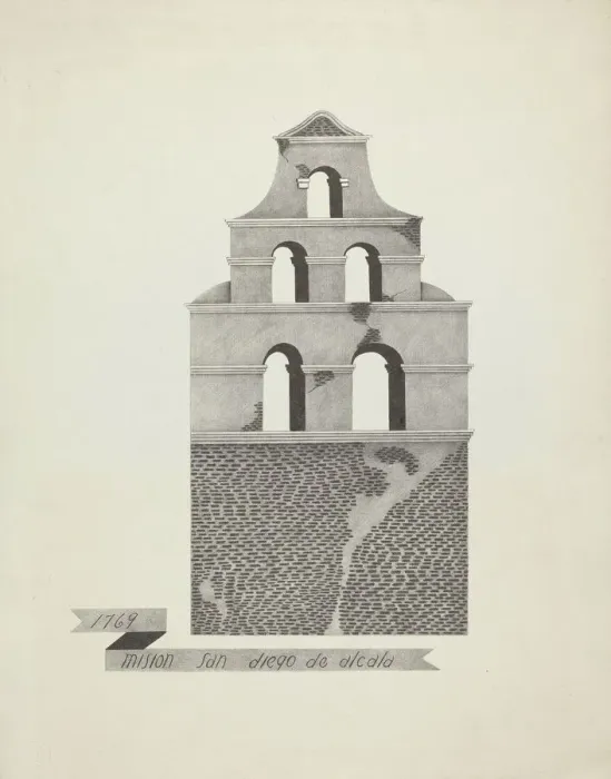 Framed Print : Mision San Diego de Alcala, 1935 / 1942. Creator: James Jones Framed Print : Mision San Diego de Alcala, 1935 / 1942. Creator: James Jones