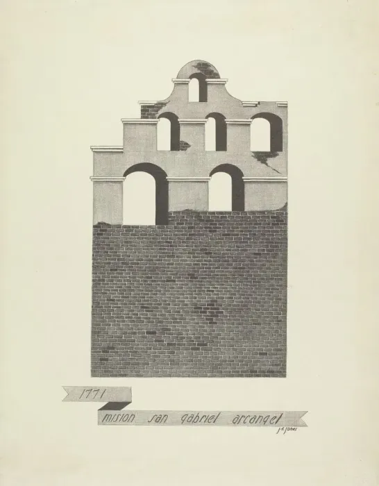 Framed Print : Mision San Gabriel Arcangel, 1935 / 1942. Creator: James Jones Framed Print : Mision San Gabriel Arcangel, 1935 / 1942. Creator: James Jones