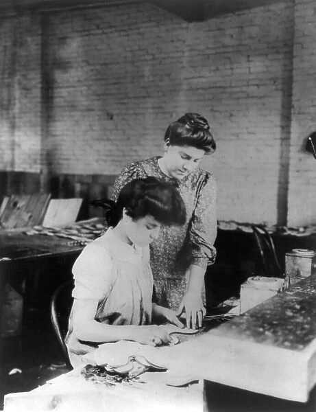 Miss Bessie Prince and Miss Ella Parrott working in a shoe factory, Lynn, Mass. (1895?). Creator: Frances Benjamin Johnston