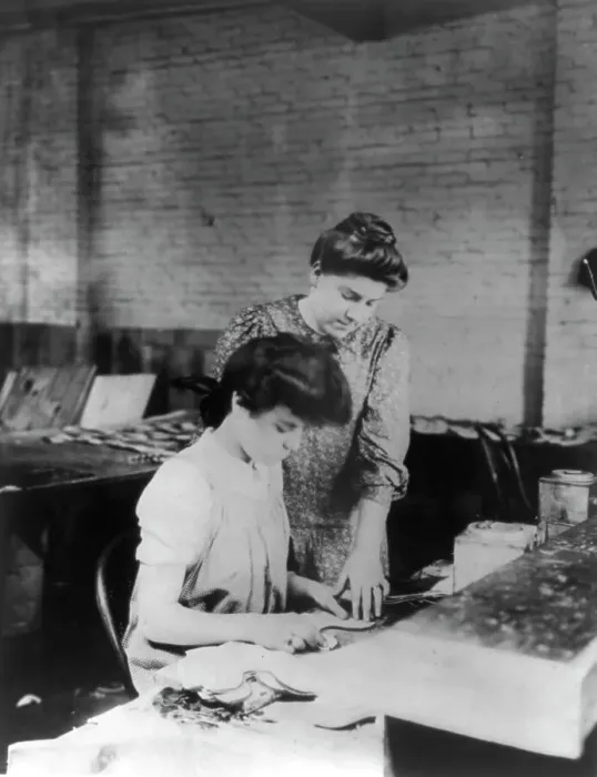 Framed Print : Miss Bessie Prince and Miss Ella Parrott working in a shoe factory, Lynn, Mass. (1895?). Creator: Frances Benjamin Johnston Framed Print : Miss Bessie Prince and Miss Ella Parrott working in a shoe factory, Lynn, Mass. (1895?). Creator: Frances Benjamin Johnston
