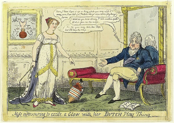 Miss Endeavouring to Excite a Glow with Her Dutch Play Thing, published July 1, 1814. Creator: Isaac Robert Cruikshank