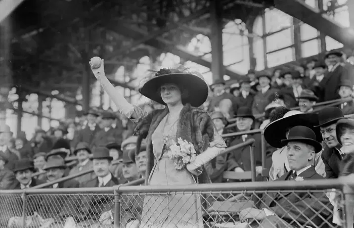 Framed Print : Miss Genevieve Ebbets, youngest daughter of Charley Ebbets, throws first ball at opening... 1913. Creator: Bain News Service Framed Print : Miss Genevieve Ebbets, youngest daughter of Charley Ebbets, throws first ball at opening... 1913. Creator: Bain News Service