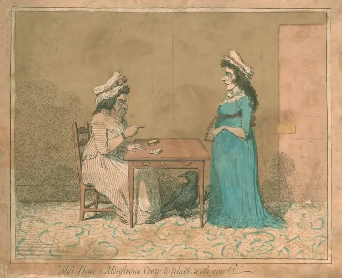 Framed Print : Miss, I have a Monstrous Crow to pluck with you!!, 1794. Artist: James Gillray Framed Print : Miss, I have a Monstrous Crow to pluck with you!!, 1794. Artist: James Gillray