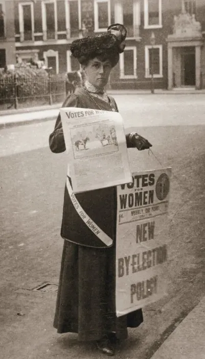 Framed Print : Miss Kelly, a suffragette, selling Votes for Women, July 1911 Framed Print : Miss Kelly, a suffragette, selling Votes for Women, July 1911