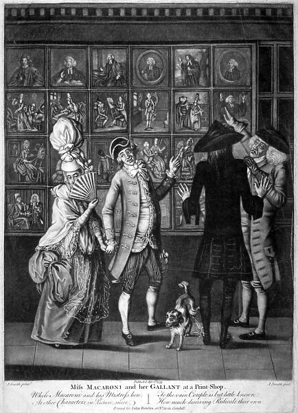 Miss Macaroni and her gallant at a print shop, 1773. Artist: John Raphael Smith