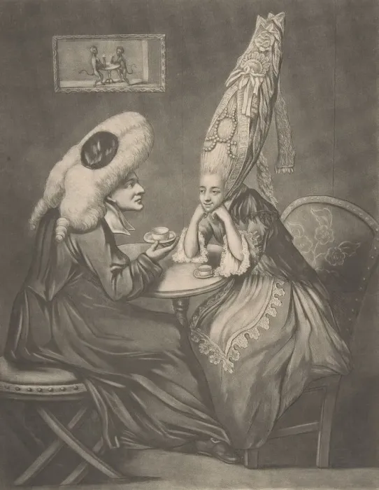 Framed Print : Miss Prattle Consulting Doctor Double Fee about her Pantheon Head Dress, 1772. 1772. Creator: Anon Framed Print : Miss Prattle Consulting Doctor Double Fee about her Pantheon Head Dress, 1772. 1772. Creator: Anon