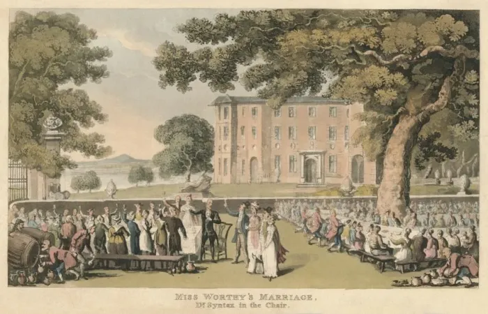 Framed Print : Miss Worthys Marriage, Dr. Syntax in the Chair, 1820. Artist: Thomas Rowlandson Framed Print : Miss Worthys Marriage, Dr. Syntax in the Chair, 1820. Artist: Thomas Rowlandson