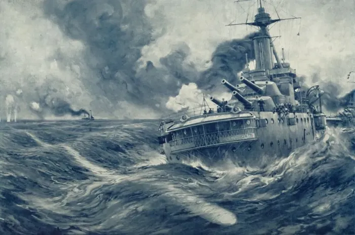 Framed Print : Missed! U Boats Torpedo Passes Beyond the Stern of British War Vessel, 1916. Creator: Unknown Framed Print : Missed! U Boats Torpedo Passes Beyond the Stern of British War Vessel, 1916. Creator: Unknown