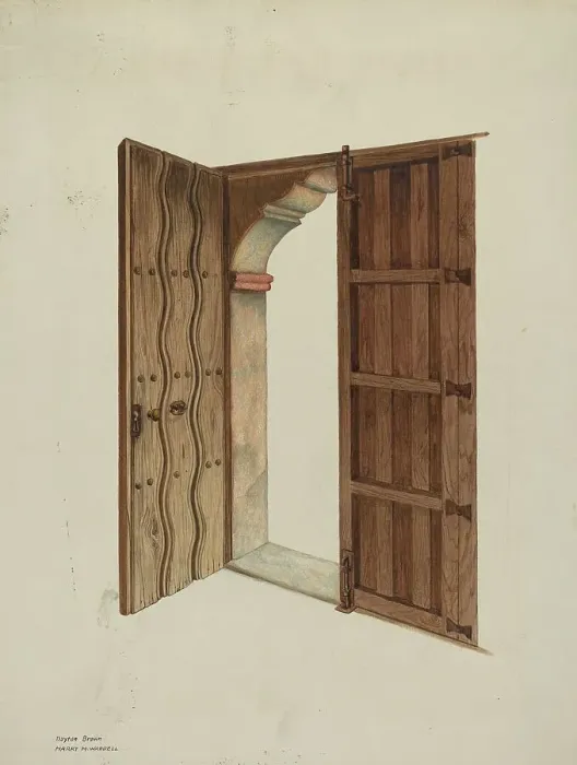 Framed Print : Mission Church Doors and Doorway, 1940. Creators: Dayton Brown, Harry Mann Waddell Framed Print : Mission Church Doors and Doorway, 1940. Creators: Dayton Brown, Harry Mann Waddell