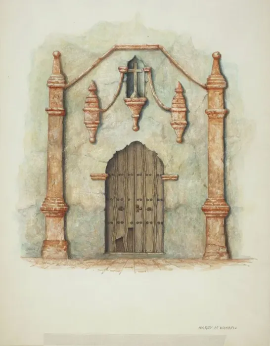 Framed Print : Mission Church Doorway, 1940. Creator: Harry Mann Waddell Framed Print : Mission Church Doorway, 1940. Creator: Harry Mann Waddell