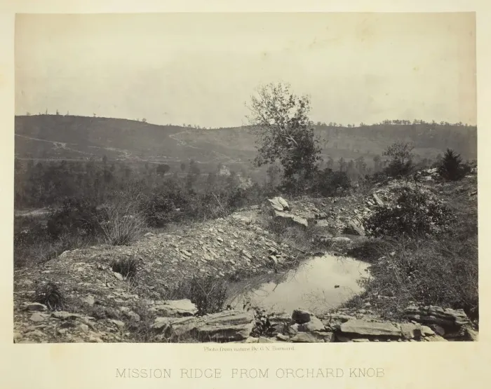 Framed Print : Mission Ridge from Orchard Knob, 1864 / 66. Creator: George N. Barnard Framed Print : Mission Ridge from Orchard Knob, 1864 / 66. Creator: George N. Barnard