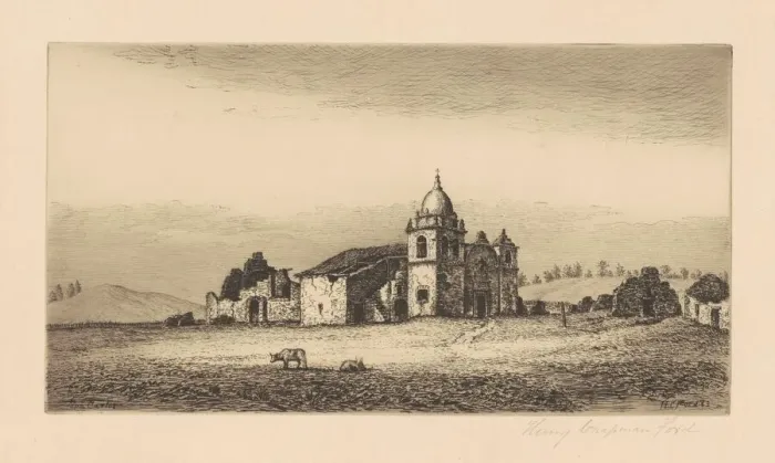 Framed Print : Mission San Carlos Borromeo, 1883. Creator: Henry Chapman Ford Framed Print : Mission San Carlos Borromeo, 1883. Creator: Henry Chapman Ford