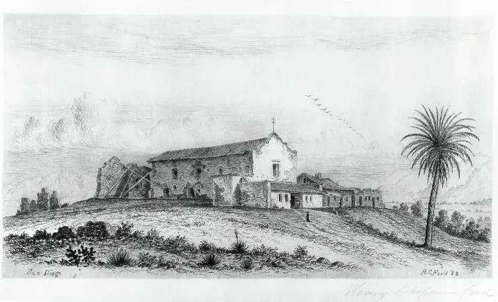 Framed Print : Mission San Diego, Published in 1883. Creator: Henry Chapman Ford Framed Print : Mission San Diego, Published in 1883. Creator: Henry Chapman Ford