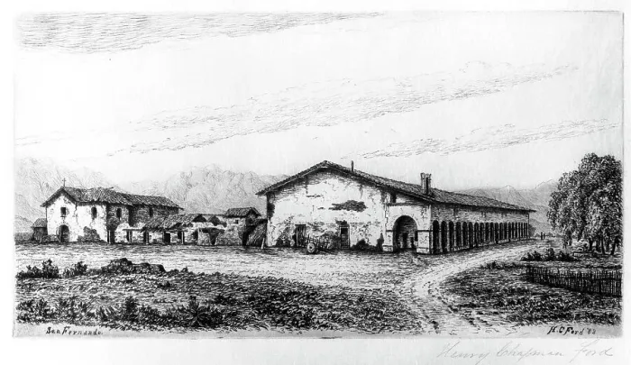 Framed Print : Mission San Fernando, published in 1883. Creator: Henry Chapman Ford Framed Print : Mission San Fernando, published in 1883. Creator: Henry Chapman Ford
