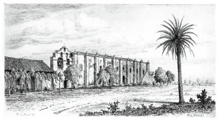 Framed Print : Mission San Gabriel, Published in 1883. Creator: Henry Chapman Ford Framed Print : Mission San Gabriel, Published in 1883. Creator: Henry Chapman Ford