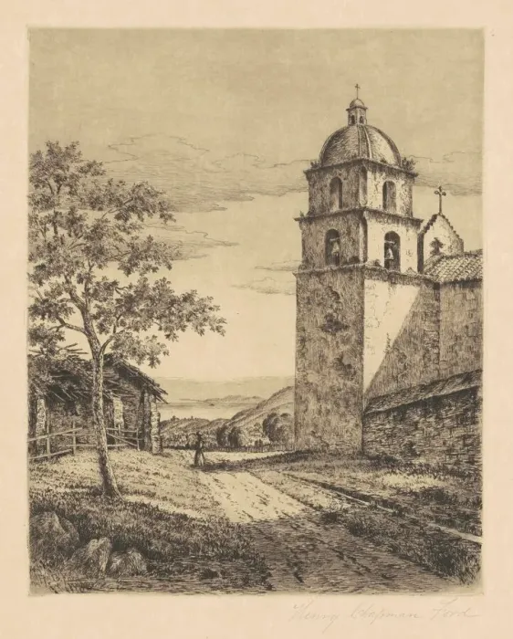 Framed Print : Mission Santa Barbara, Looking South, 1888. Creator: Henry Chapman Ford Framed Print : Mission Santa Barbara, Looking South, 1888. Creator: Henry Chapman Ford