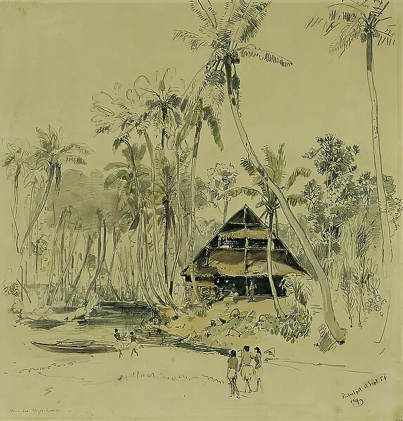 The missionary's house on Puinipet (Ponape) Island, Caroline Islands, 1858. Creator: Joseph Selleny