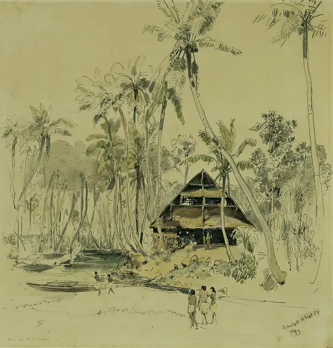 Framed Print : The missionary's house on Puinipet (Ponape) Island, Caroline Islands, 1858. Creator: Joseph Selleny