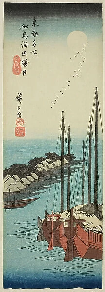 Misty Moonlight on the Shore at Tsukuda Island (Tsukudajima kaihen oborozuki), from... c. 1835 / 38. Creator: Ando Hiroshige