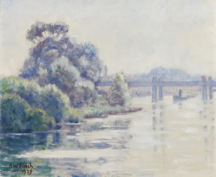 Framed Print : Misty Morning on a River, 1929. Creator: Alfred William Finch Framed Print : Misty Morning on a River, 1929. Creator: Alfred William Finch