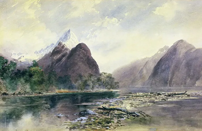 Framed Print : Mitre Peak, Milford Sound, 1880s. Creator: William Mathew Hodgkins Framed Print : Mitre Peak, Milford Sound, 1880s. Creator: William Mathew Hodgkins