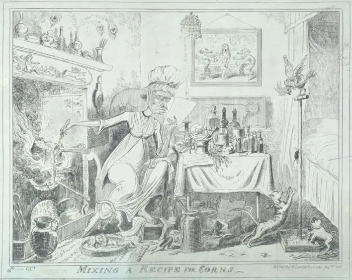 Framed Print : Mixing a recipe for corns, 1835. Artist: George Cruikshank Framed Print : Mixing a recipe for corns, 1835. Artist: George Cruikshank