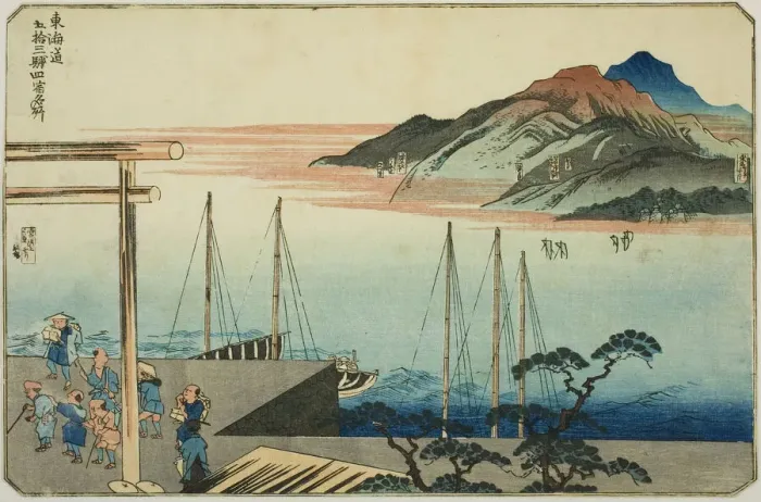 Framed Print : Miya, Kuwana, Yokkaichi, and Ishiyakushi, from the series Famous Places on the Fifty... c.1830 / 35. Creator: Utagawa Kuniyoshi Framed Print : Miya, Kuwana, Yokkaichi, and Ishiyakushi, from the series Famous Places on the Fifty... c.1830 / 35. Creator: Utagawa Kuniyoshi