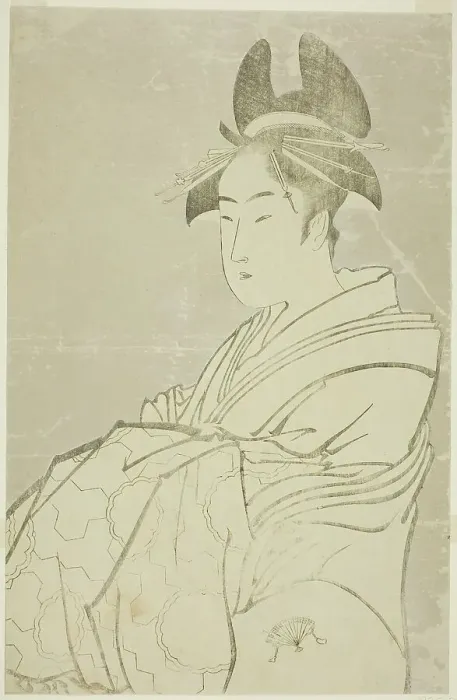 Framed Print : Miyahito of the Ogiya, Whose Assistants Are Tsubaki and Shirabe (Ogiya uchi... Japan, 1793 / 94. Creator: Kitagawa Utamaro) Framed Print : Miyahito of the Ogiya, Whose Assistants Are Tsubaki and Shirabe (Ogiya uchi... Japan, 1793 / 94. Creator: Kitagawa Utamaro)