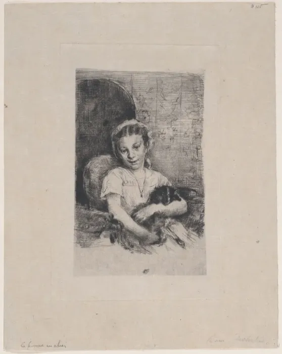 Framed Print : Mlle Chabot, danseuse de l Opera, ou Jeune fille au chien, 1888. Creator: Marcellin-Gilbert Desboutin Framed Print : Mlle Chabot, danseuse de l Opera, ou Jeune fille au chien, 1888. Creator: Marcellin-Gilbert Desboutin