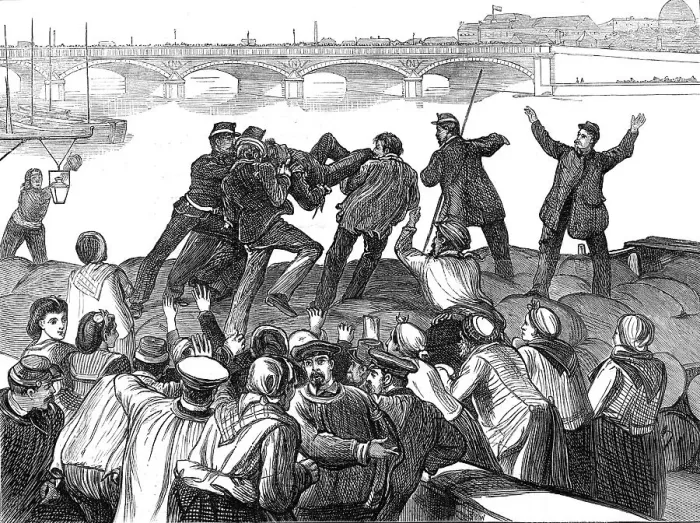Framed Print : Mob of Paris rioters drowning a police agent, 1871. Creator: Unknown Framed Print : Mob of Paris rioters drowning a police agent, 1871. Creator: Unknown
