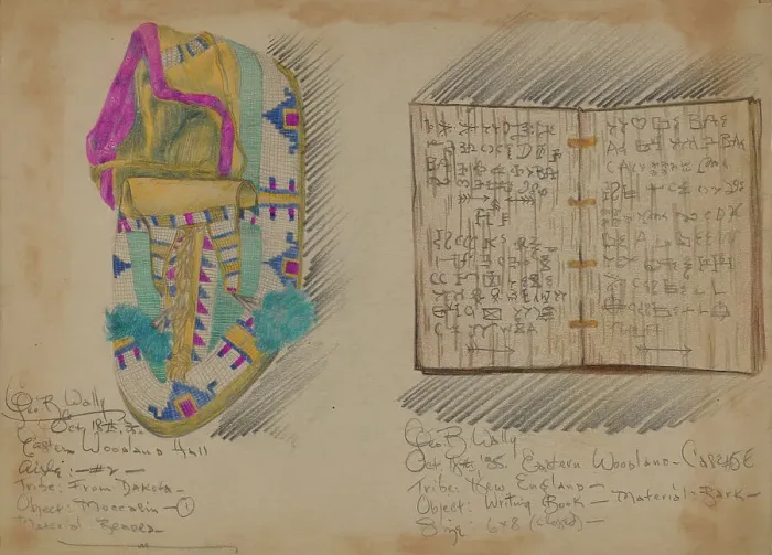 Framed Print : Moccasin and Writing Book, 1935. Creator: George B. Wally Framed Print : Moccasin and Writing Book, 1935. Creator: George B. Wally