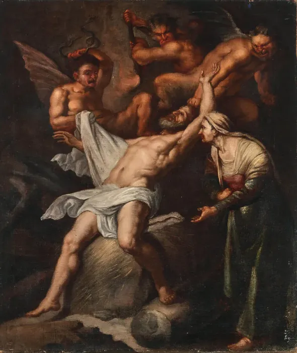 Framed Print : The Mocking of Job, 17th century. Creator: Anonymous Framed Print : The Mocking of Job, 17th century. Creator: Anonymous